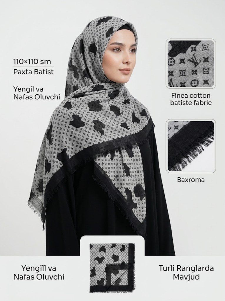 Kamuflyaj uslubidagi ro'mol - Paxta batist, 110x110 sm    adq9d  17383