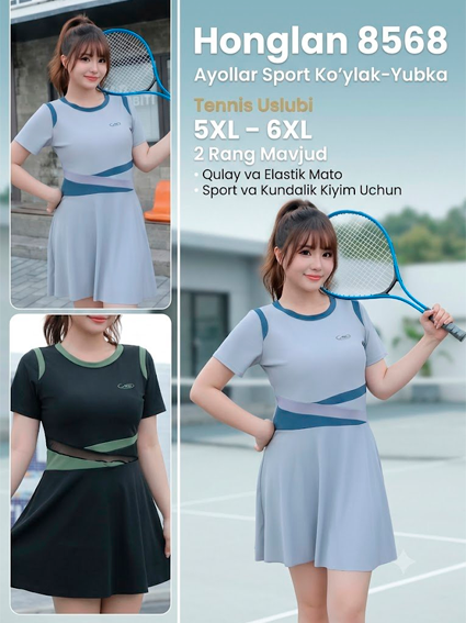 Honglan 8568 Sport ko'ylak-yubka — Tennis uslubidagi ayollar sport libosi, 5XL–6XL, 2 rang  14613