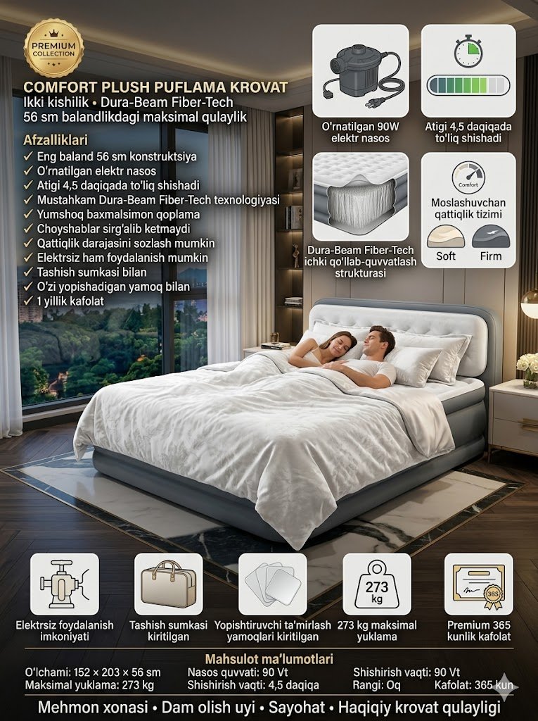 Puflama krovat | Comfort Plush | Ikki kishilik | O'rnatilgan elektr nasos | Dura-Beam | 152x203x56 sm  14538