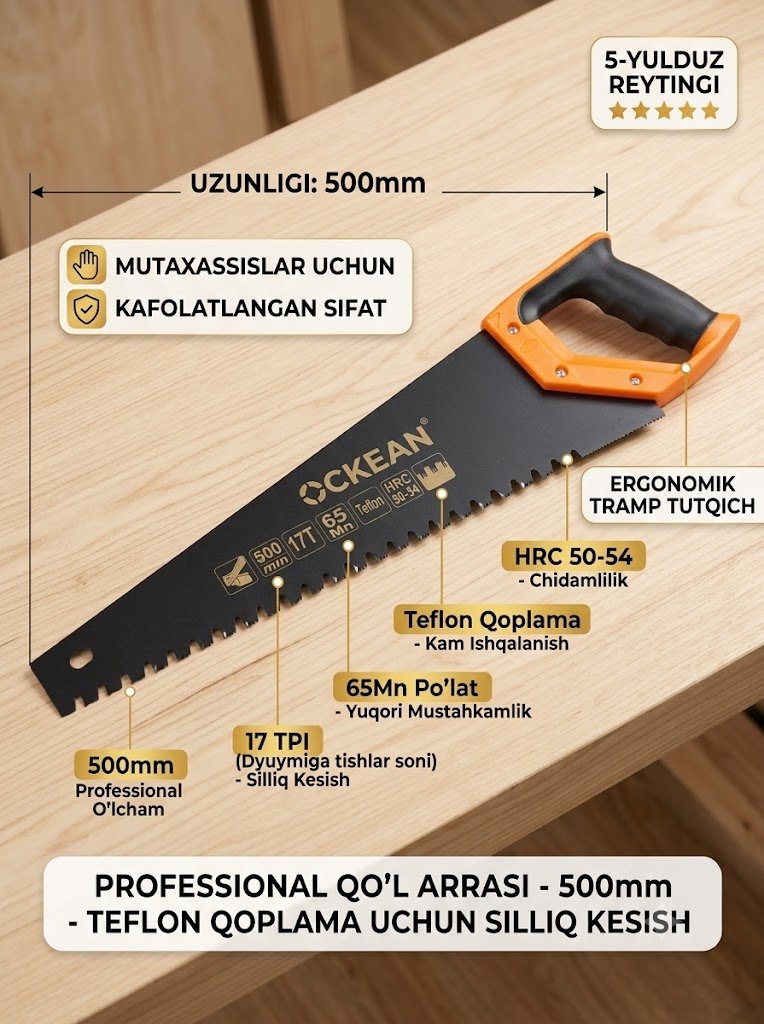 OCKEAN 500 mm Professional Qo'l Arrasi – Teflon qoplamali, aniq va silliq kesish uchun!  14964