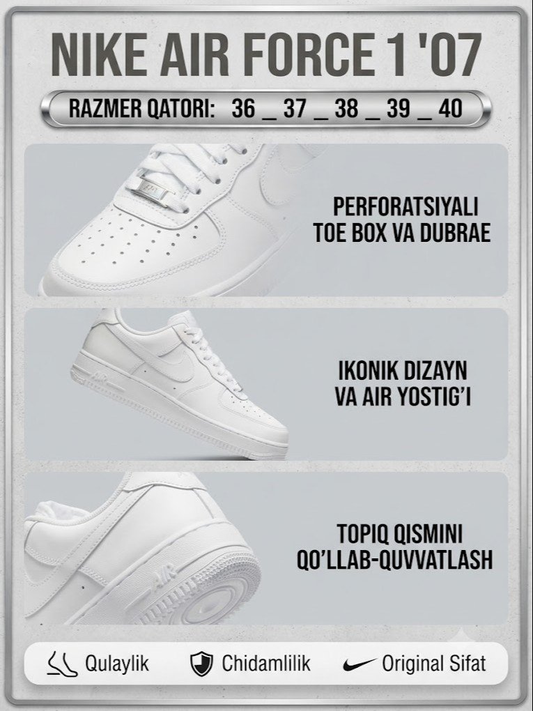Nike Air Force 1 '07 – Klassik oq krossovkalar, ikonik dizayn va qulaylik  17275