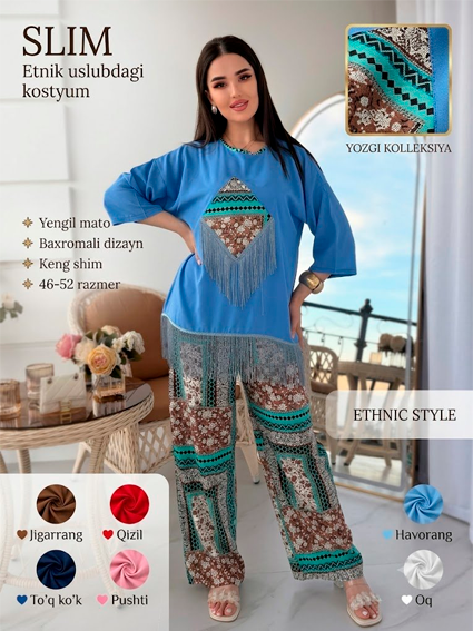 Ayollar uchun yozgi yengil "SLIM" kostyumi (Etnik uslubdagi bezaklar bilan)  b542d 14767
