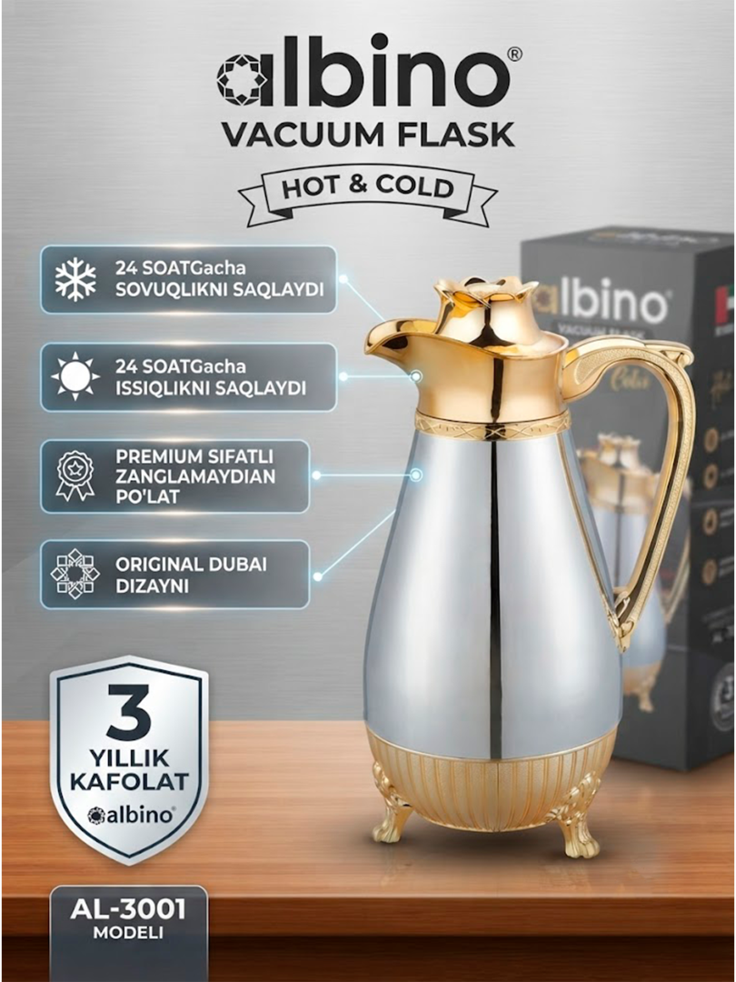 Albino AL-3001 vakuumli termosi, 24 soat issiq/sovuq saqlaydi, premium sifat, original Dubay dizayni, 3 yillik kafolat   17125
