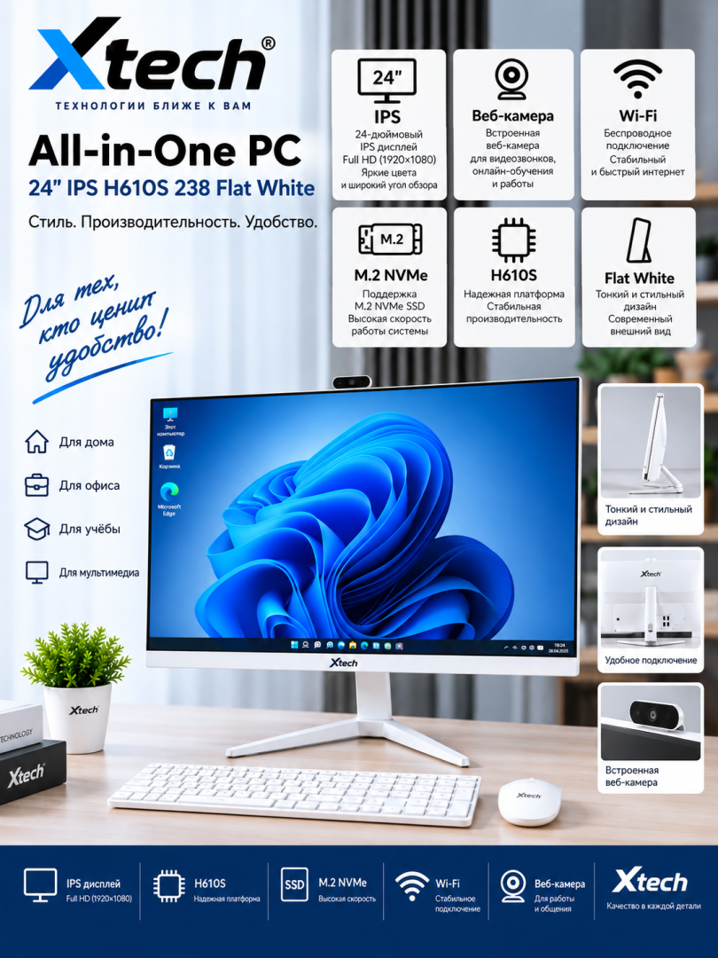 Xtech 24" IPS H610 S238 Flat White (Веб-камера, Wi-Fi, M.2 NVMe)