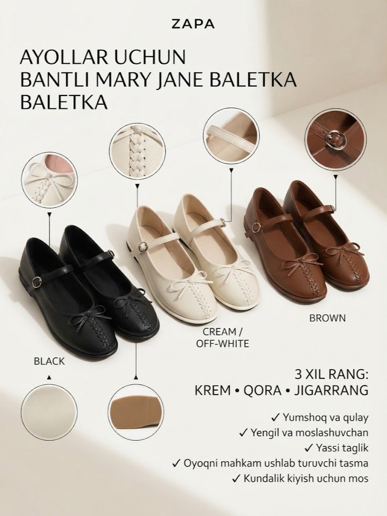Ayollar uchun bantli Mary Jane uslubidagi baletka "Zapa"   18588