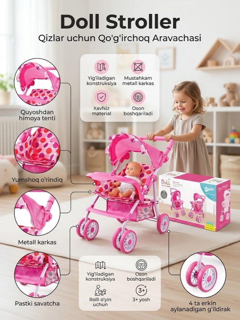 "Doll Stroller" — qo'g'irchoq uchun aravacha (istrolka), qizlar uchun o'yinchoq   g103d    17484