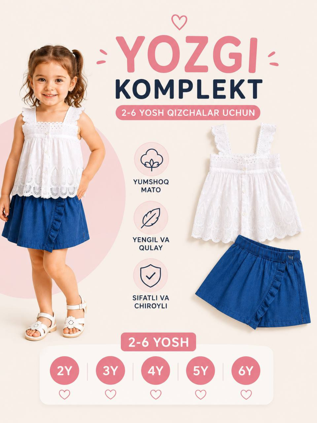 Qizaloqlar uchun yozgi komplet – oq kofta va ko‘k yubka