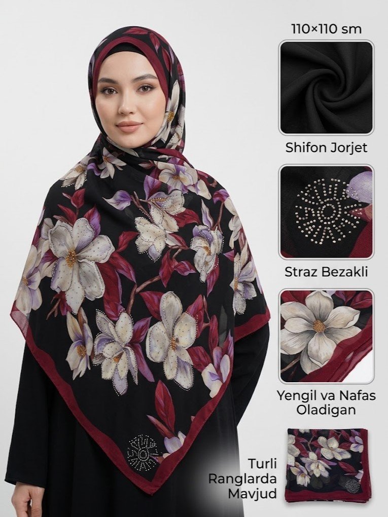 Gulli, toshli hijob ro'mol - Shifon jorjet, 110x110 sm   adq9d   17394