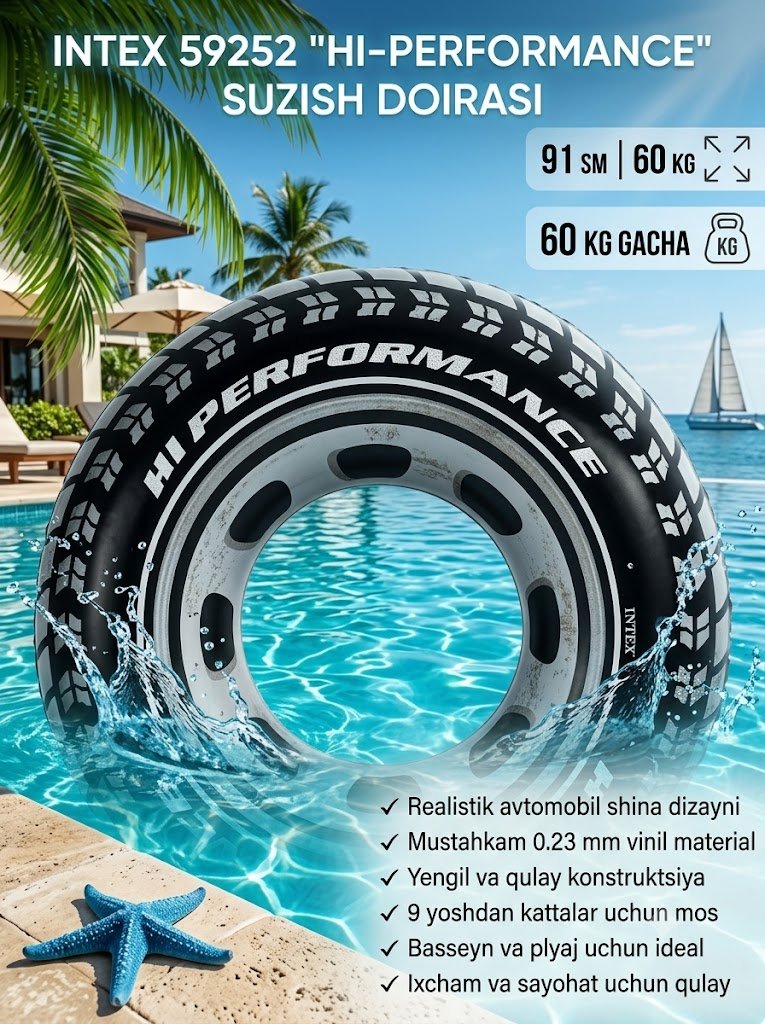 Intex 59252 shina ko‘rinishidagi suzish doirasi (91 sm) – Plyaj va basseyn uchun mustahkam doira   14622