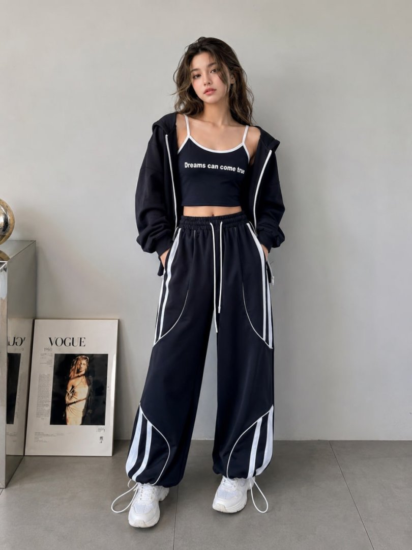 Hudi, top va erkin shimlardan iborat ayollar uchun stilli sport uchlik kostyumi   18604