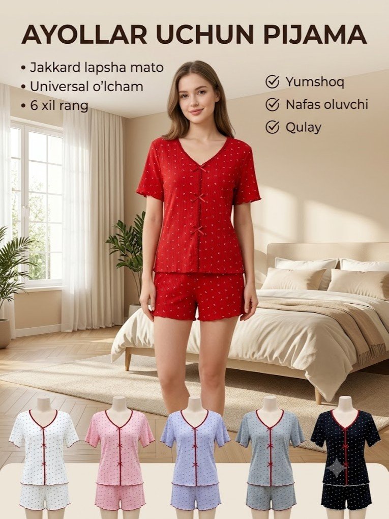 Ayollar uchun uy kiyimi to'plami (pijama), model 3397 — "lapsha" (нервюр) trikotaj, jakkard naqshli  a3q17dd   17838