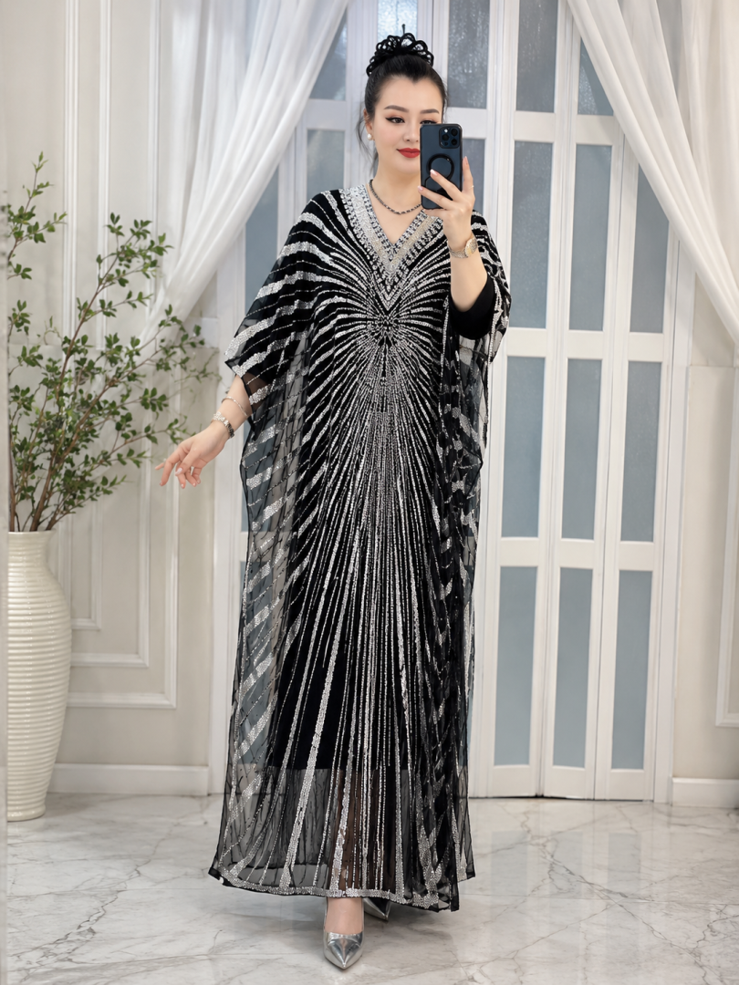 Eksklyuziv geometrik naqshli va biser bezakli abaya (Dubay eksport varianti)  b72d
