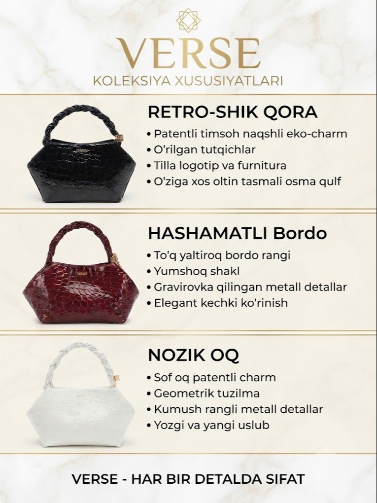 VERSE Eksklyuziv Patentli Eko-Charm Ayollar Sumkasi – Uslub va Sifat Uyg‘unligi  17243