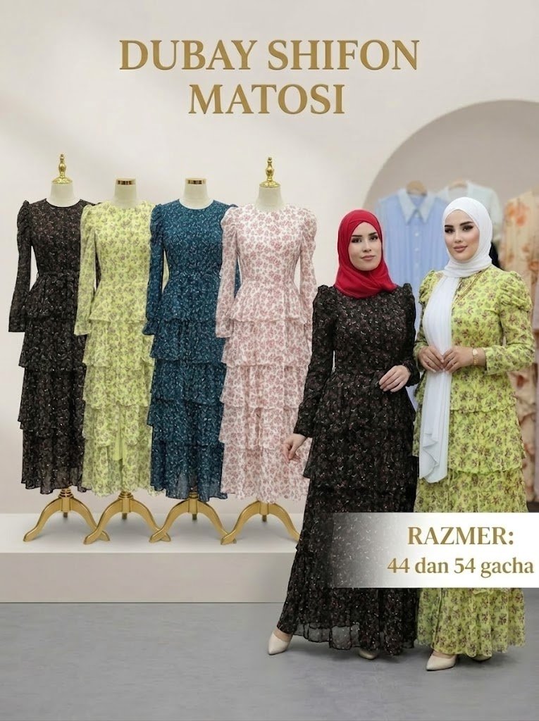 Dubay Shifon Matosidan Gulli Naqshli Yarusli Ayollar Libosi   16770