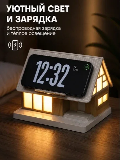 Uy uchun chiroq-naytnik, soat va telefon uchun simsiz quvvatlagichli dekorativ lampa