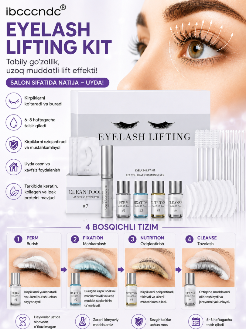 ibcccndc Eyelash Lifting Kit — kirpiklarni burish va lift qilish to'plami, 4 bosqichli, salon sifatida uyda foydalanish uchun    16905