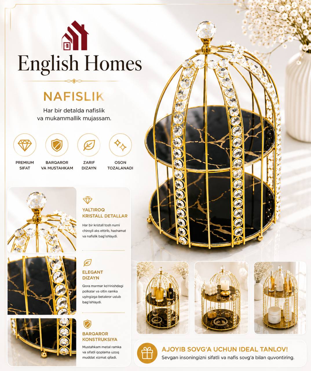 ENGLISH HOMES Original Qora Marmar va Kristallik Qafas Shaklidagi Ikki Qavatli Hashamatli Kosmetika va Aksessuar Organizatori  19429   o.p.p15p