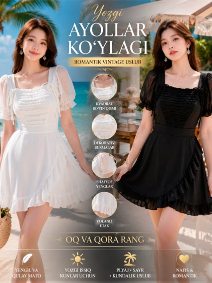 Ayollar yozgi ko‘ylagi, plyaj va kundalik uslubdagi nazokatli libos, romantik "vintage" ko‘ylak  b0q703/6  14616