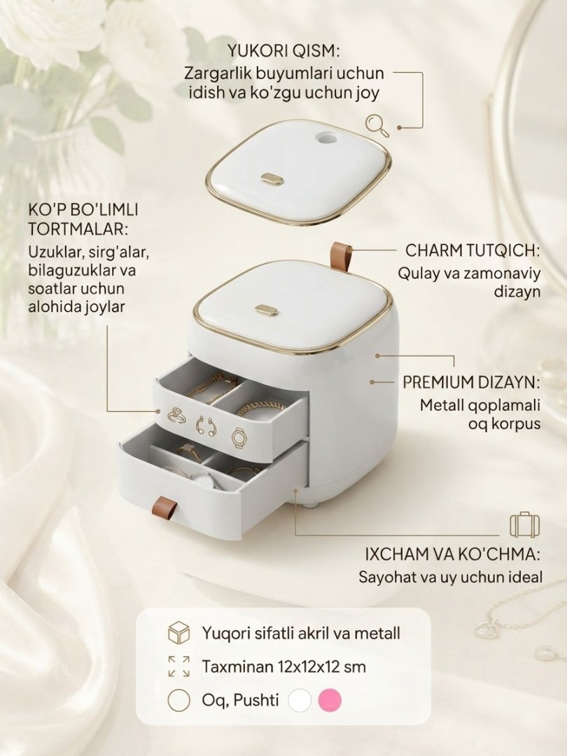 Hashamatli stol usti mini organayzer-quti — oltin hoshiya, tugmali qopqoq va charm ilmoq bilan  19508  o.p.p15p