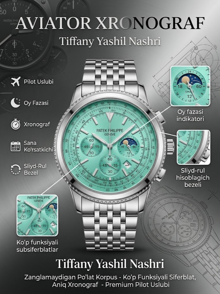 Erkaklar soati — kumush rangli po'lat korpus, tiffany-yashil sirt, sliyd-rul (slide rule) hisoblagich bezel, ko'p funksiyali xronograf, oy fazasi ko'rsatkichi, sana oynachali   16956