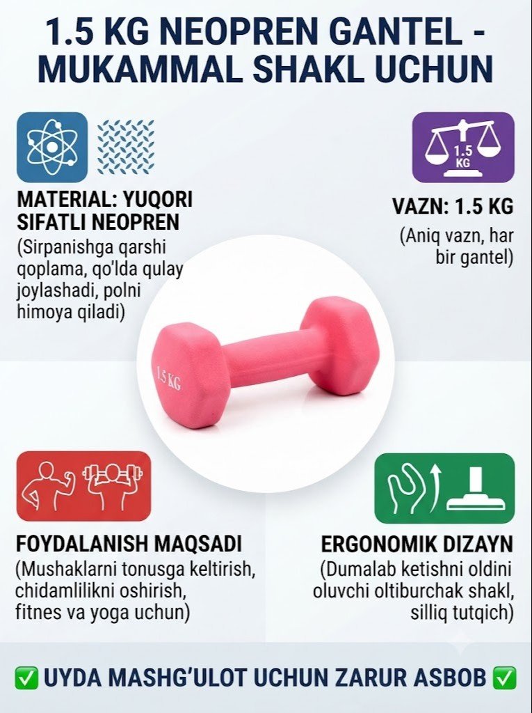 Professional 1.5 kg Neopren Gantellar – Fitnes, Yoga va Aerobika uchun  16920