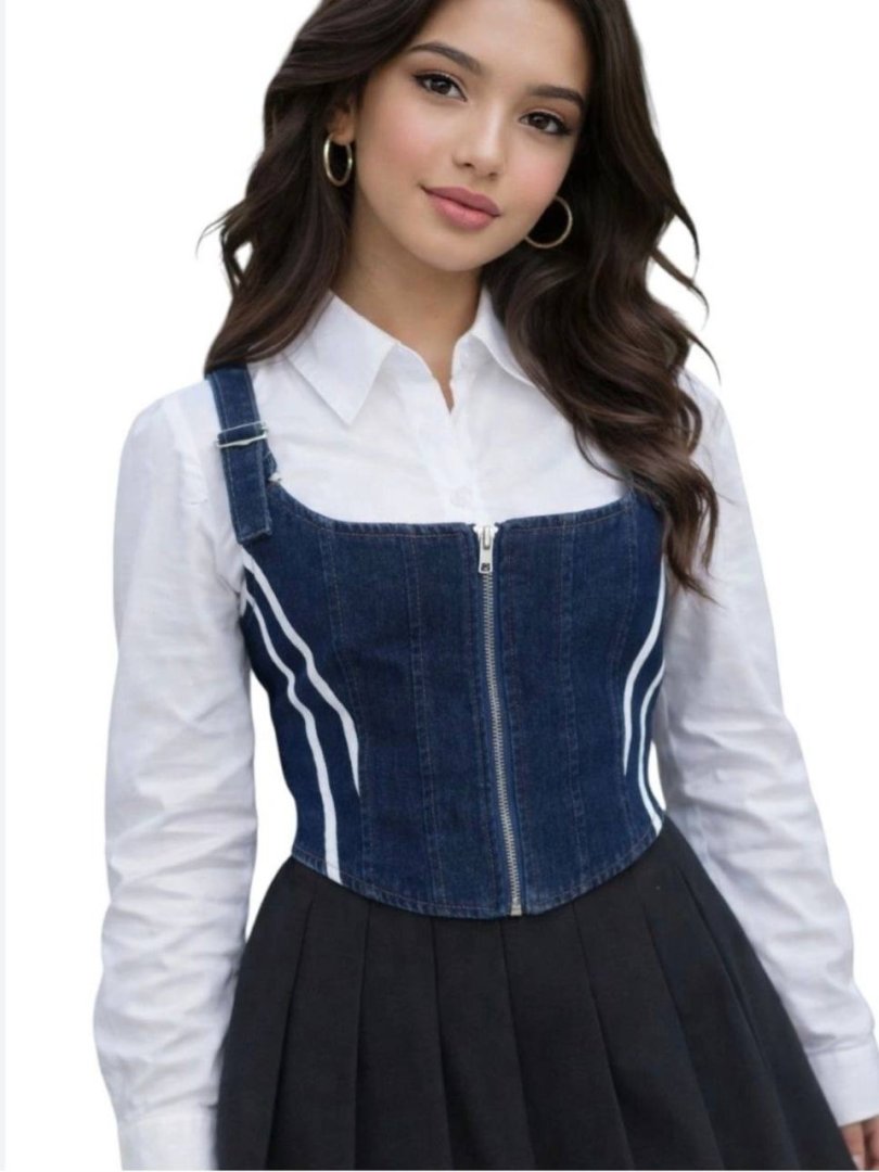 Jins (denim) matodan tikilgan, tasmali, oldi molniyali korset-top, oq chiziqli bezak bilan   18706