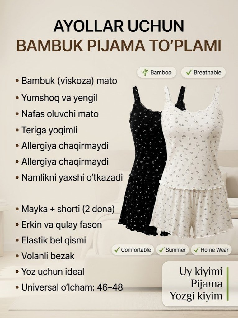 Ayollar uchun bambuk matodan uy kiyimi to'plami (pijama)    a3q17d 17833