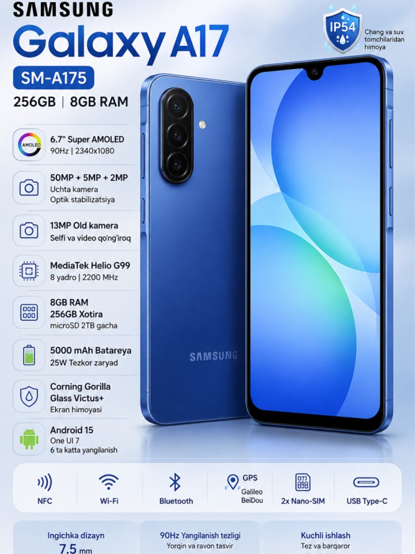 Samsung Galaxy A17 SM-A175 256GB 8GB Ram Smartfon Ko'k  15040