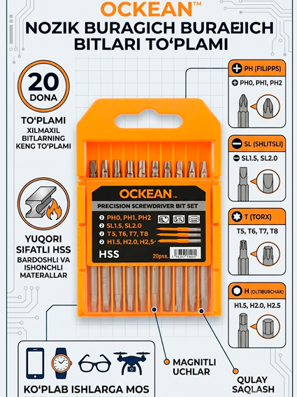 OCKEAN Precision Screwdriver Bit Set 2.5 – aniqlik va qulaylik uchun mo‘ljallangan tornavida uchlari to‘plami.   15697