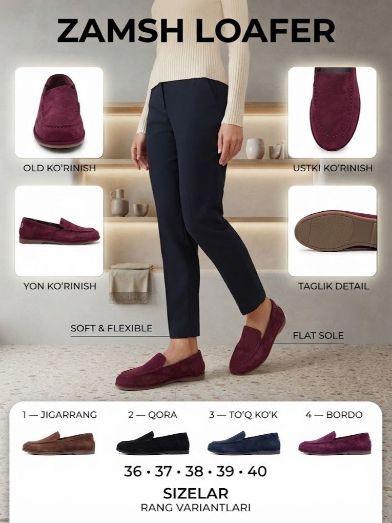 Ayollar zamsh loafer (mokasin) tufli — yumshoq, moslashuvchan, kundalik uslub       19704