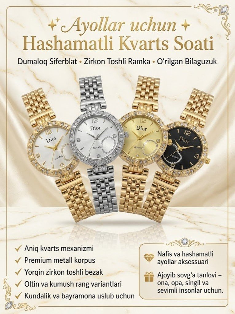 Ayollar uchun hashamatli kvarts soat, Dumaloq Sifat, Zirkon Toshli Ramka, O'rilgan Bilaguzuk   17052