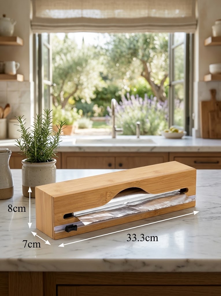 Oshxona Uchun Bambuk Dispenser-Organayzer (1 talik, 33.3x7x8 sm) – Folga va Strech Plyonka Uchun Kesgichli Idish   18508   c.2q.23d