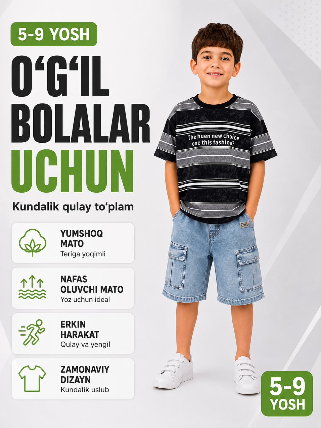 O‘g‘il bolalar uchun yozgi denim shortikli to‘plam 5–9 yosh