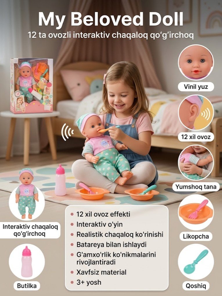"My Beloved Doll" — 12 ta ovozli chaqaloq qo'g'irchoq, aksessuarlar bilan (interaktiv qo'g'irchoq)  g103d   17494
