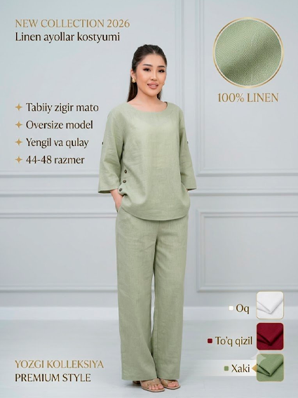 Yozgi yengil "Linen" (zigir matoli) ayollar kostyumi b8q550d  14800