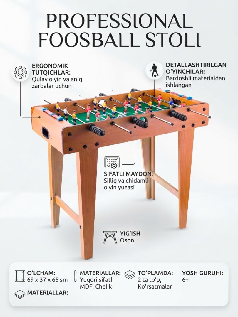 Oyoqli yog'och stol futboli (Kiker / Igrovoy futbol) — bolalar va oilaviy o'yinlar uchun (69x37x65 sm)  19518  c.2q.23d