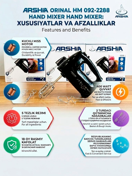 Arshia HM 092-2288 qo‘l mikseri, 400 Vt, 5 ta tezlik, Original c1q47d 14335