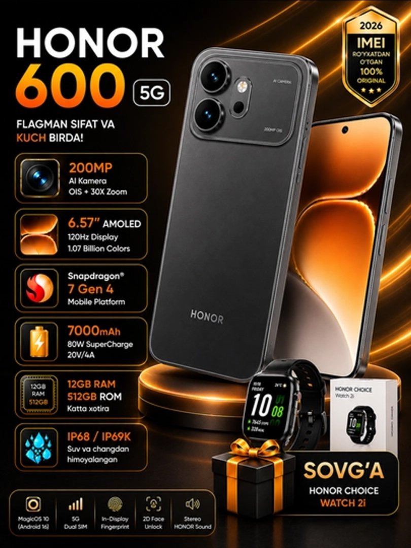 Honor 600 5G 8GB + 256GB (White / Black / Orange) — sun’iy intellekt funksiyalari, kuchli kamera tizimi  16238