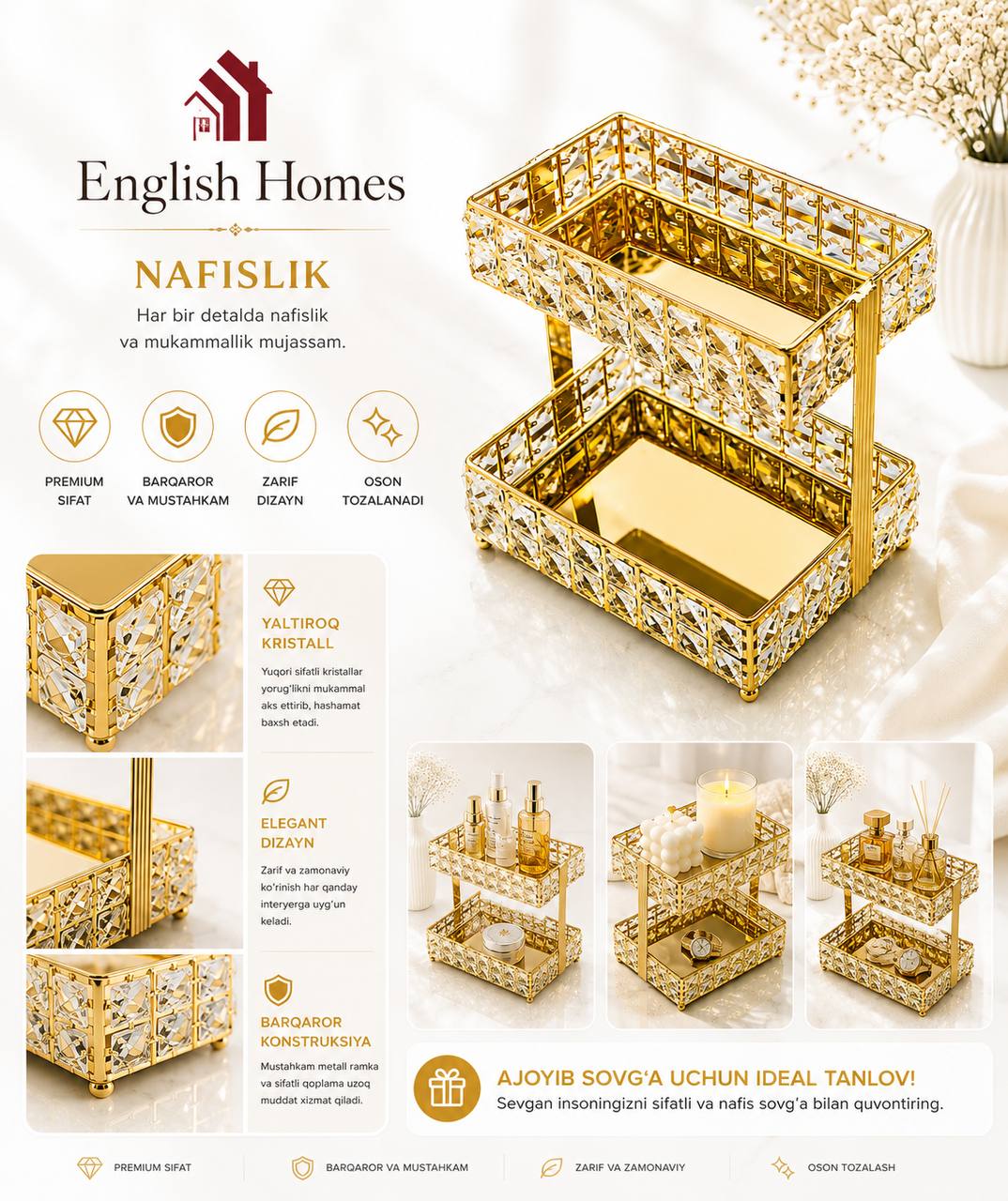 ENGLISH HOMES Original To‘rtburchak Shaklidagi Kristalli Ikki Qavatli Hashamatli Kosmetika va Aksessuar Organizatori  19434  o.p.p15p