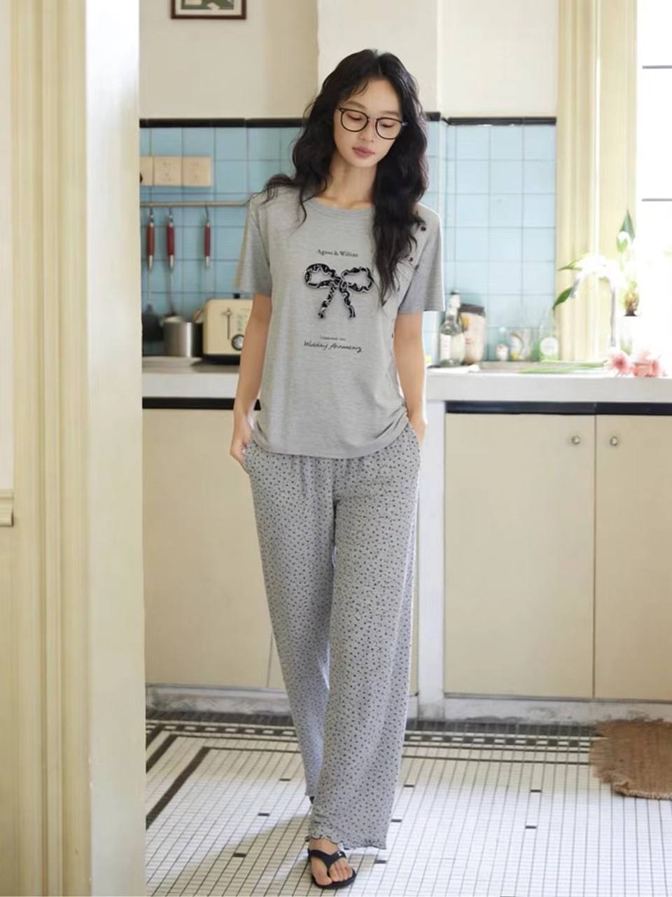 Ayollar uchun kamon naqshli pijama komplekti — uy kiyimi, yengil trikotaj, 3 rangda  b205d  16418