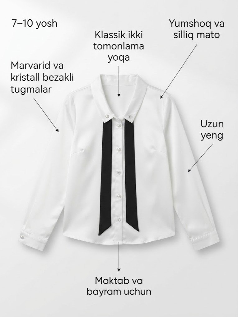 Qizlar uchun oq rangli klassik ko'ylak-bluzka,   18565