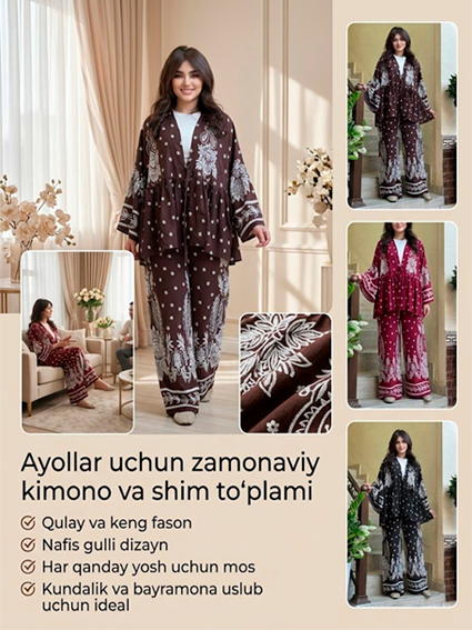 Yangi kolleksiya 2026 — Gulli print bezakli ayollar uchun dvoyka kostyum (ko'ylak + shim)   apjq93d   16669