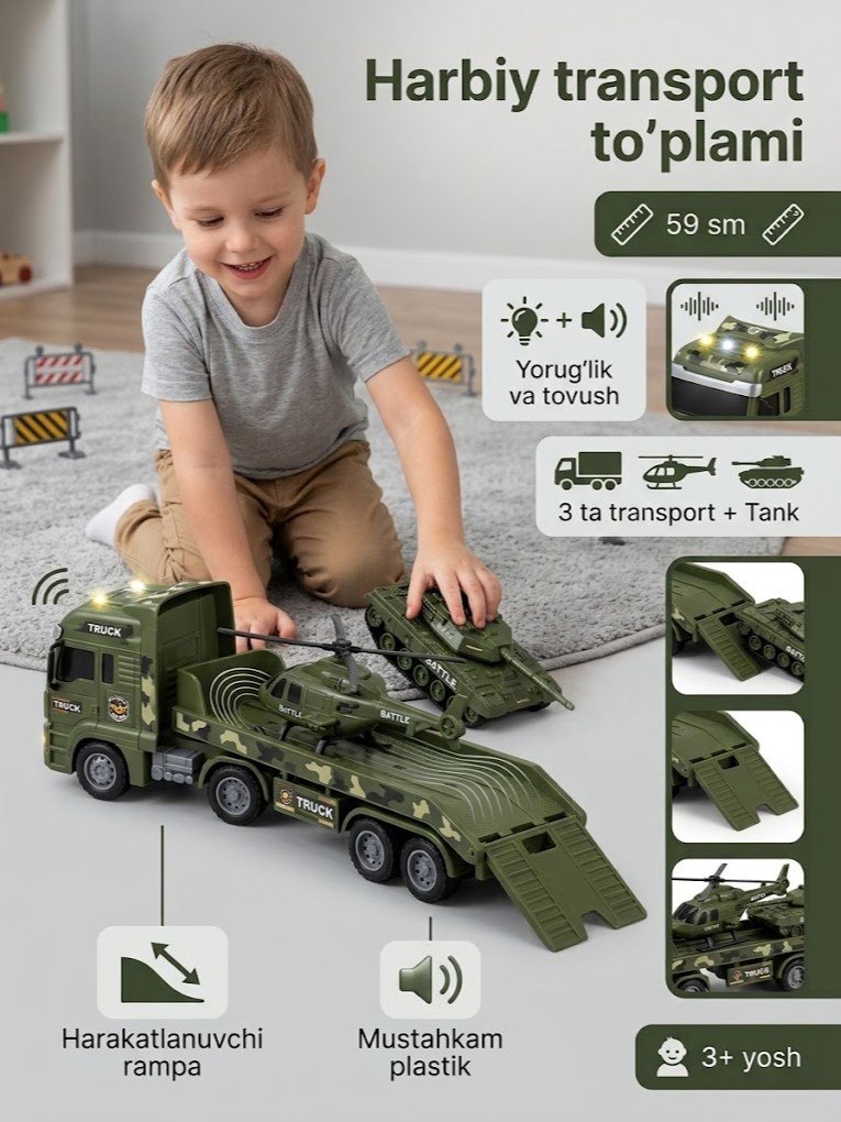 "Harbiy transport yuk mashinasi" o'yinchoq to'plami - vertolyot va tank bilan    g103d   17423