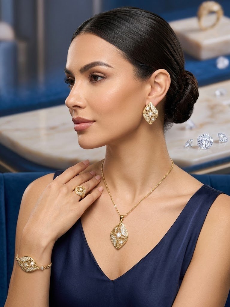 "BOB J Jewelry" zargarlik to'plami: bilaguzuk, sirg'a, kulon va uzuk "Oltin oymakor"  aaq26d  16099