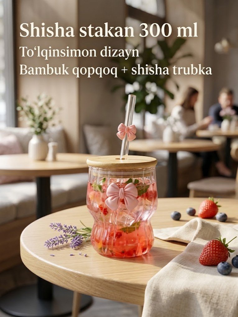 Shisha stakan — bantcha (bow) dizaynli, bambuk qopqoq va trubkali, to'lqinsimon shaklda, 300 ml  c1q707d  17567