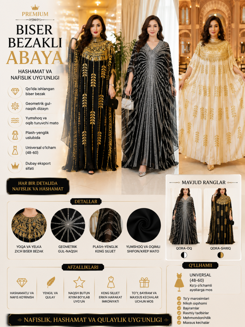 Eksklyuziv geometrik naqshli va biser bezakli abaya (Dubay eksport varianti)  b72d