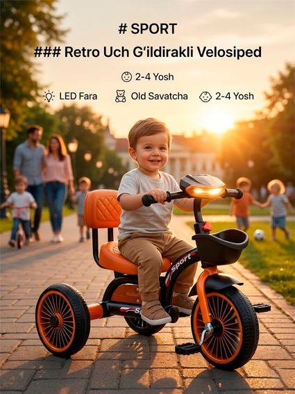 Bolalar Uch G'ildirakli Retro Velosiped — SPORT | Yumshoq O'rindiqli | Farali | 2-4 Yosh   14601