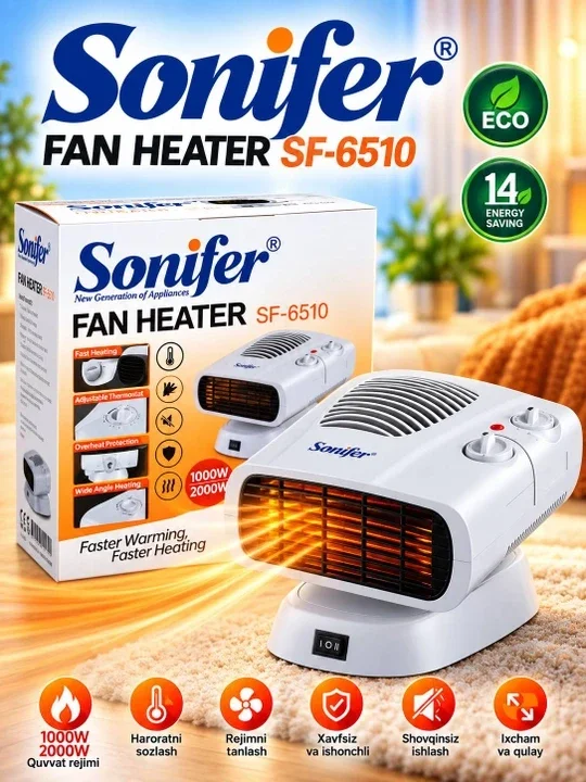 Elektr isitgich Sonifer SF-6510, ventilyatorli isitish pechka 1000/2000 W, termostatli