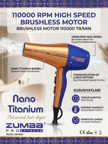 Zumba Pro Extreme ZM-9992 Soch Quritgichi – Nano Titanium texnologiyali yuqori tezlik!  17172