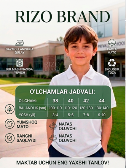O‘smir bolalar uchun oq yoqali finka (polo futbolka) – Maktab va kundalik uchun mukammal tanlov  17921  b.8q.158d